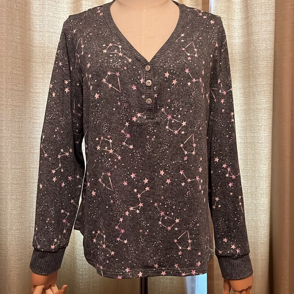 Cuddl Duds Womens Medium (10-12) Gray Celestial Star Long Sleeve Lounge Shirt